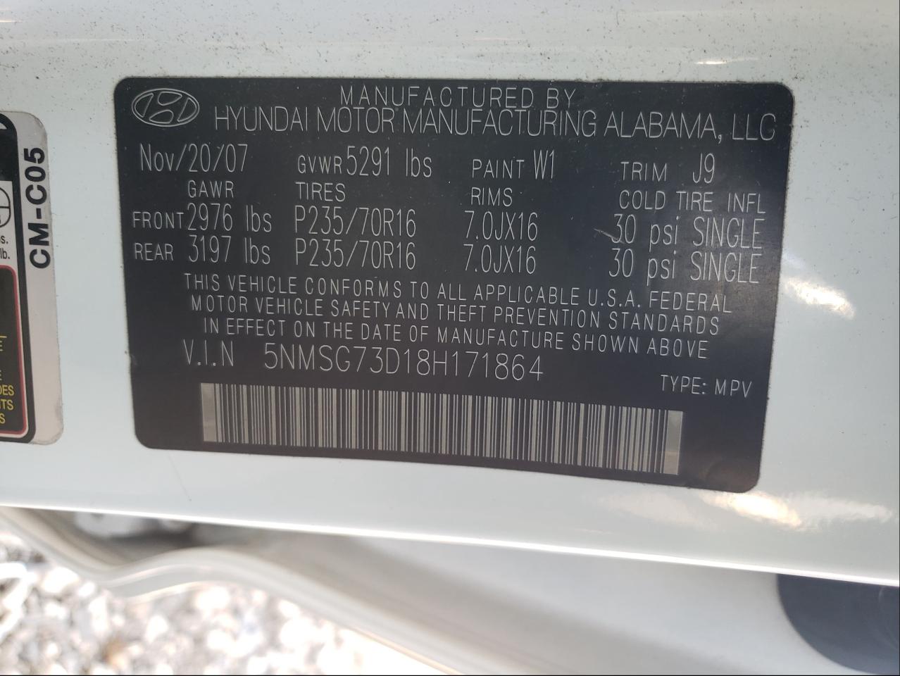 Photo 10 from auction – 2008 HYUNDAI SANTA FE G with VIN 5NMSG73D18H171864