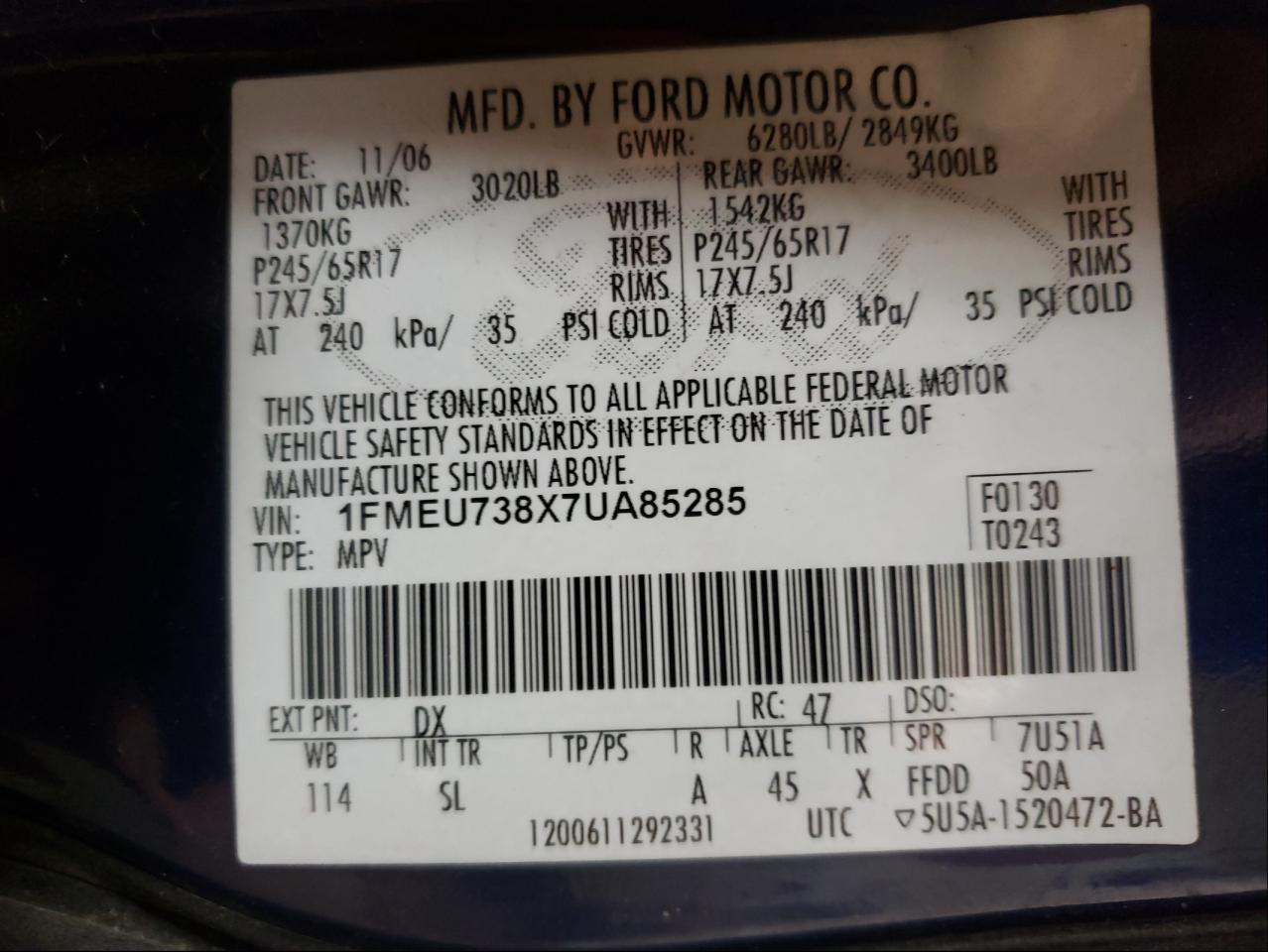 Photo 10 from auction – 2007 FORD EXPLORER X with VIN 1FMEU738X7UA85285