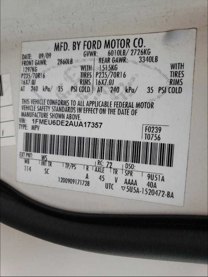 Фото 10 с аукциона – 2010 FORD EXPLORER X с VIN 1FMEU6DE2AUA17357