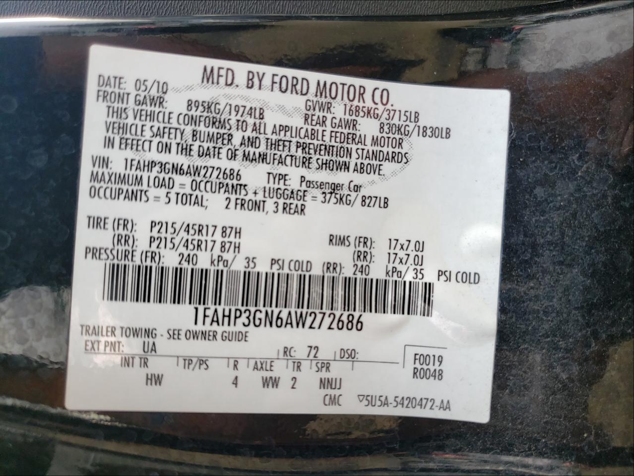 Photo 10 from auction – 2010 FORD FOCUS SES with VIN 1FAHP3GN6AW272686