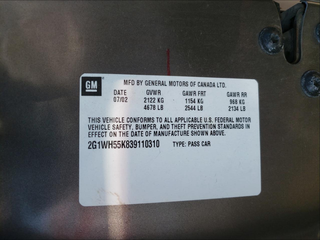 Photo 10 from auction – 2003 CHEVROLET IMPALA LS with VIN 2G1WH55K839110310
