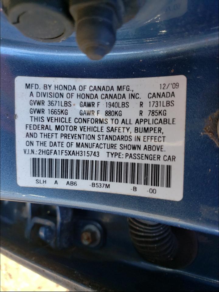 Photo 10 from auction – 2010 HONDA CIVIC with VIN 2HGFA1F5XAH315743