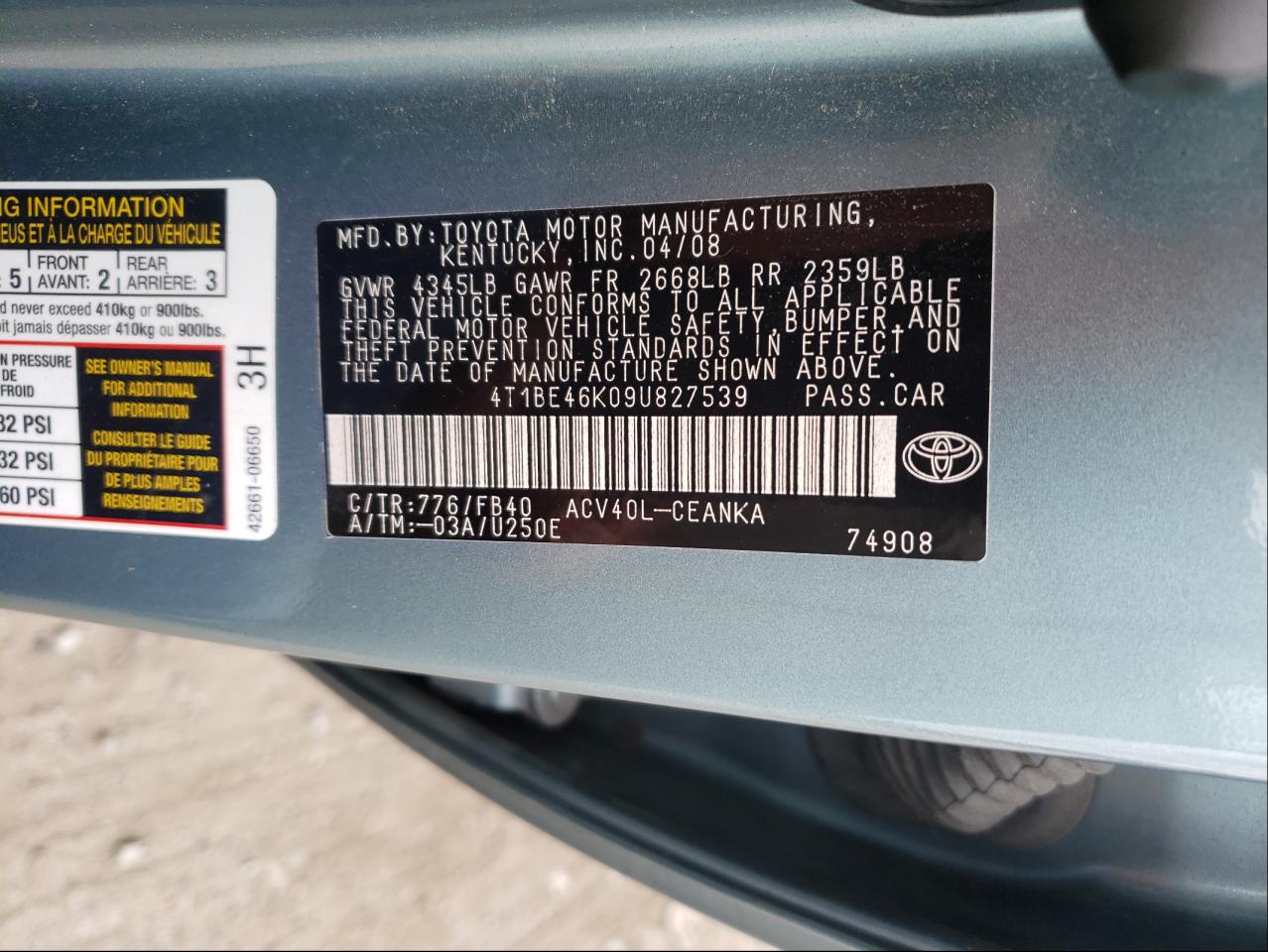 Photo 10 from auction – 2009 TOYOTA CAMRY with VIN 4T1BE46K09U827539
