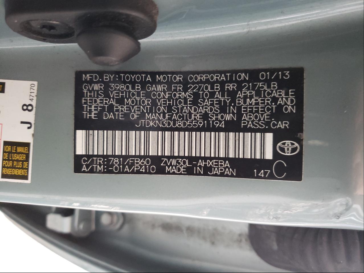 Photo 10 from auction – 2013 TOYOTA PRIUS with VIN JTDKN3DU8D5591194