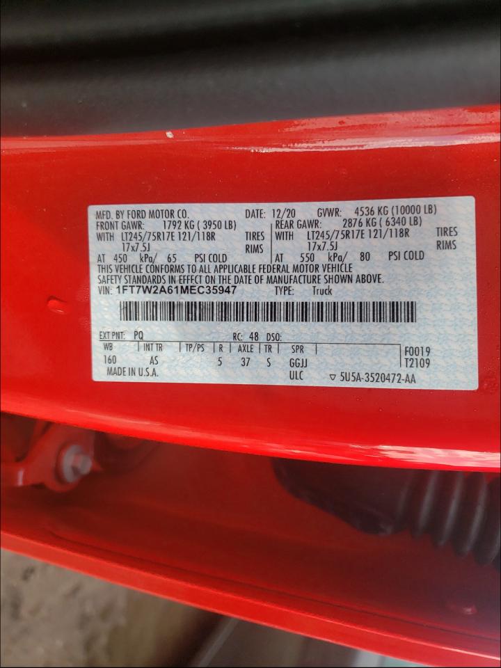 Photo 10 from auction – 2021 FORD F250 SUPER with VIN 1FT7W2A61MEC35947