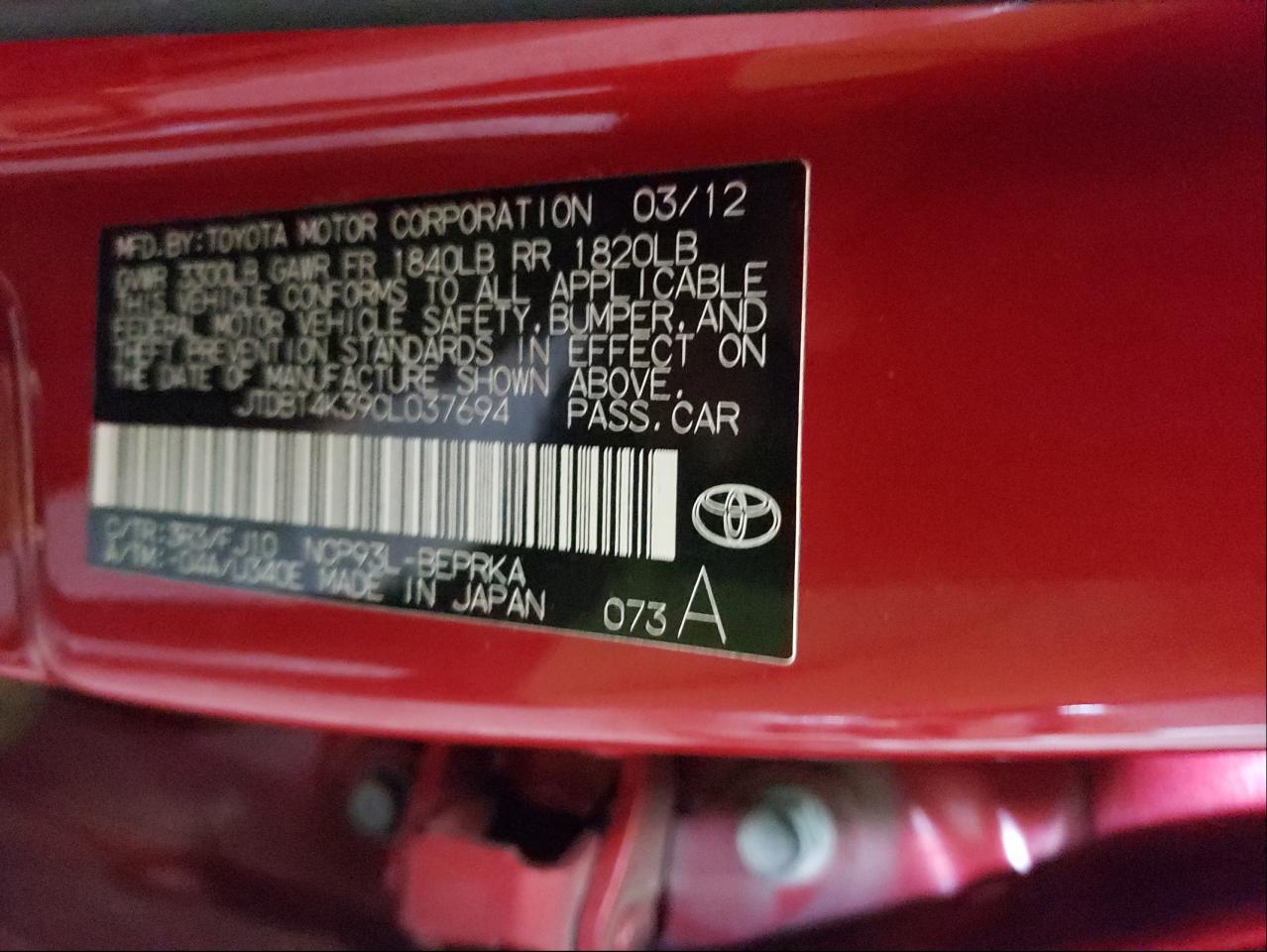 Photo 10 from auction – 2012 TOYOTA YARIS with VIN JTDBT4K39CL037694
