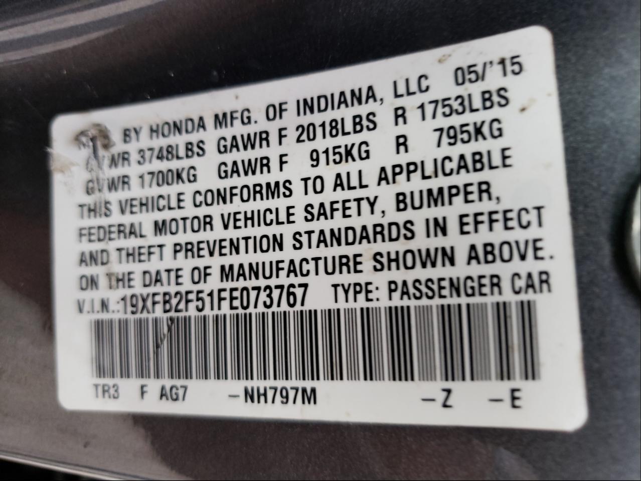 Photo 10 from auction – 2015 HONDA CIVIC LX with VIN 19XFB2F51FE073767