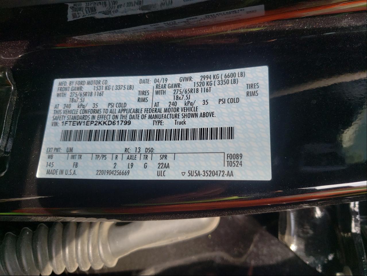 Photo 10 from auction – 2019 FORD F150 SUPER with VIN 1FTEW1EP2KKD61799