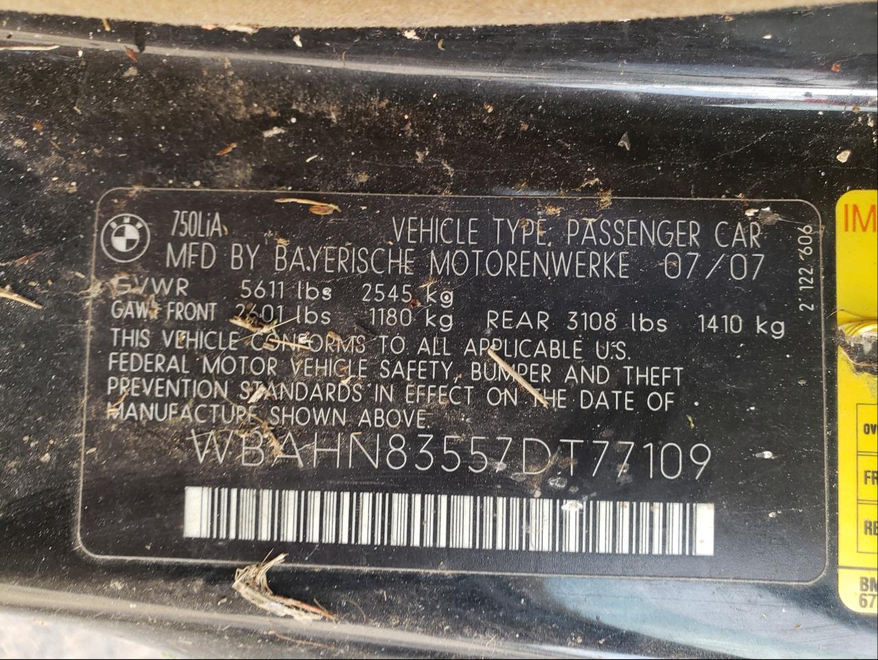Photo 10 from auction – 2007 BMW 750 with VIN WBAHN83557DT77109