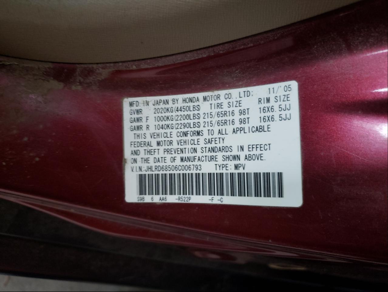 Photo 10 from auction – 2006 HONDA CR-V with VIN JHLRD68506C006793