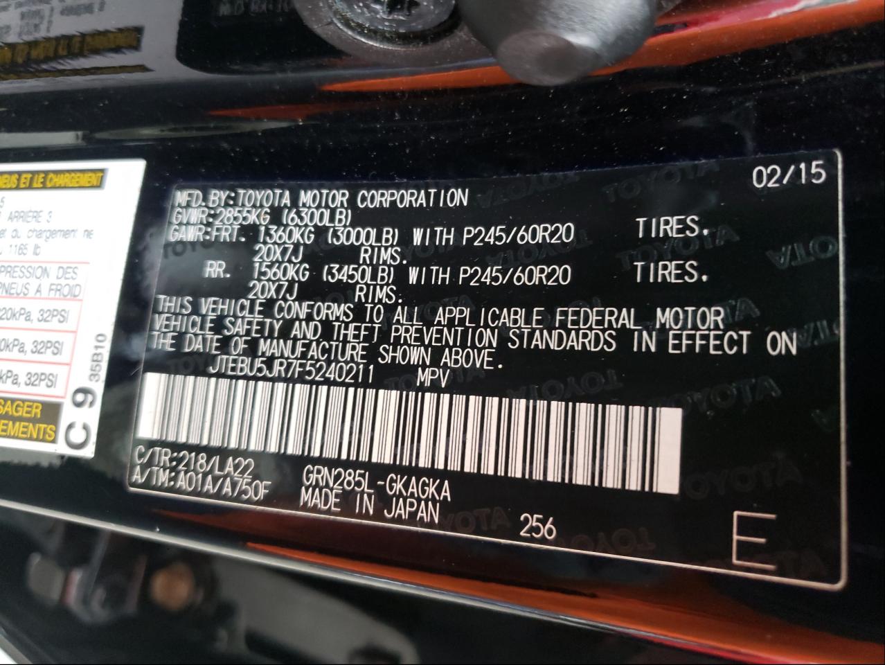 Photo 10 from auction – 2015 TOYOTA 4RUNNER SR with VIN JTEBU5JR7F5240211