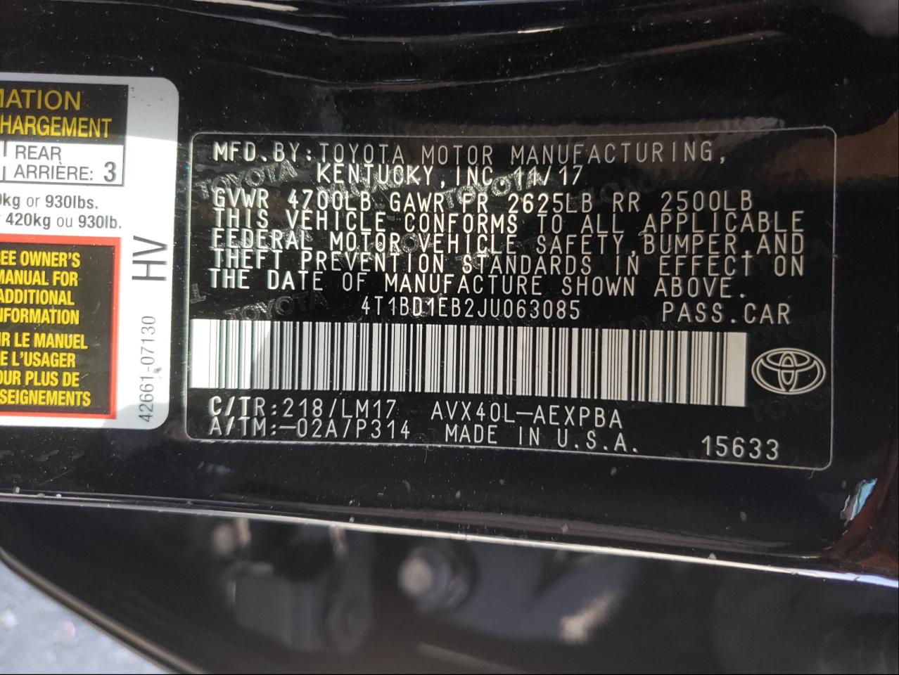 Photo 10 from auction – 2018 TOYOTA AVALON HYB with VIN 4T1BD1EB2JU063085