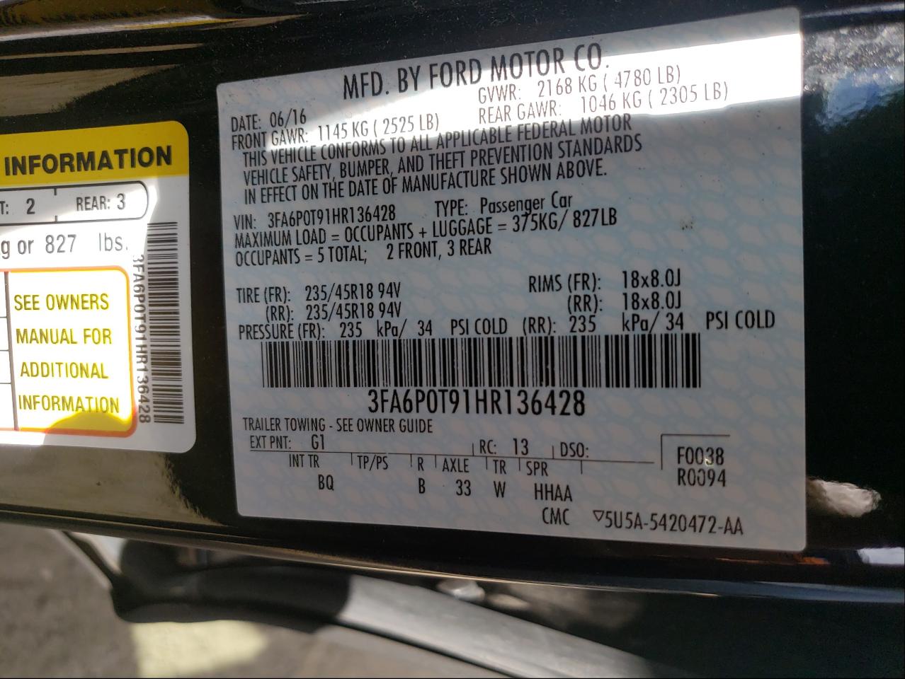 Photo 10 from auction – 2017 FORD FUSION SE with VIN 3FA6P0T91HR136428