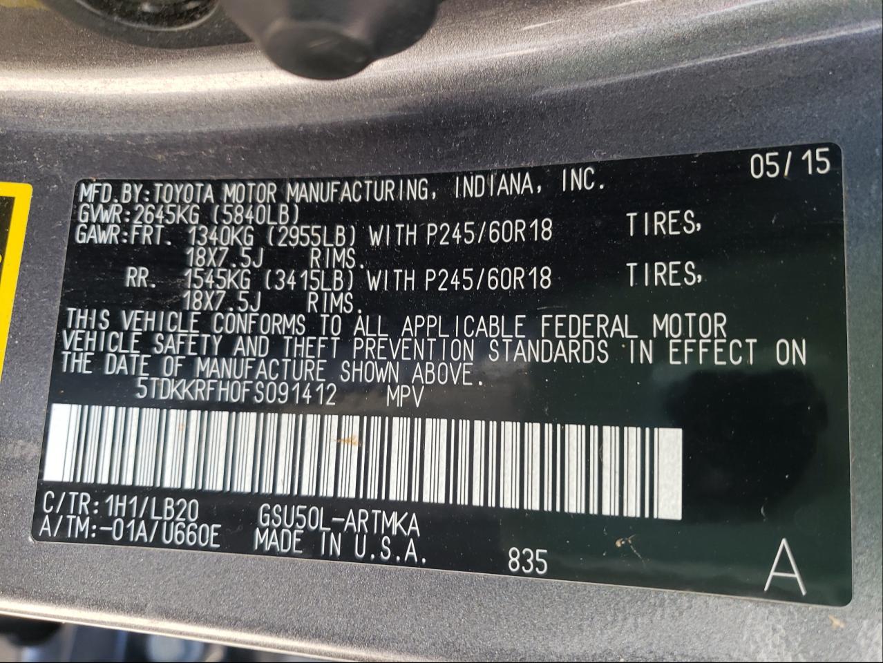 Zdjęcie 10 z aukcji – 2015 TOYOTA HIGHLANDER z VIN 5TDKKRFH0FS091412