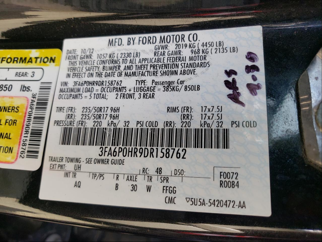 Photo 10 from auction – 2013 FORD FUSION SE with VIN 3FA6P0HR9DR158762