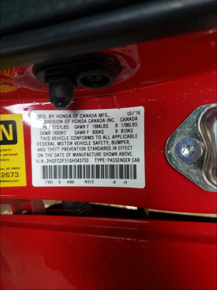 Photo 10 from auction – 2016 HONDA CIVIC LX with VIN 2HGFC2F51GH543753