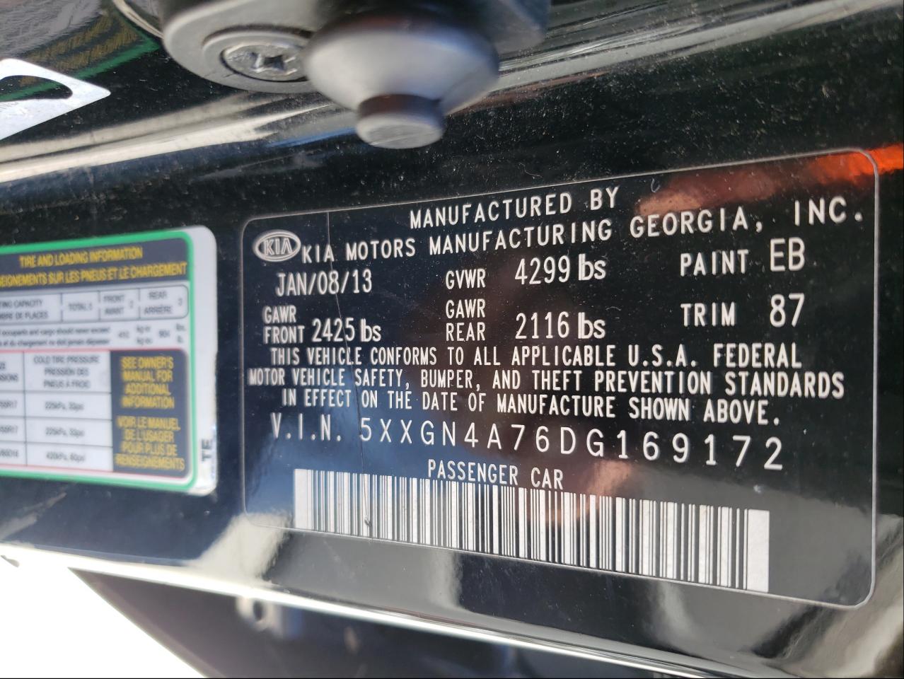 Photo 10 from auction – 2013 KIA OPTIMA EX with VIN 5XXGN4A76DG169172