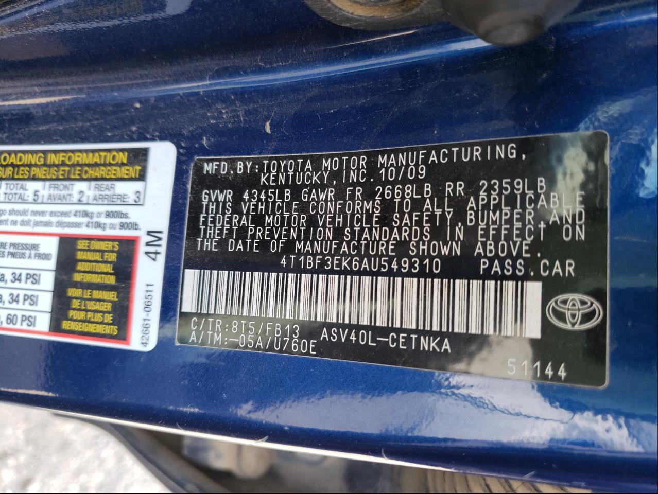 Photo 10 from auction – 2010 TOYOTA CAMRY BASE with VIN 4T1BF3EK6AU549310