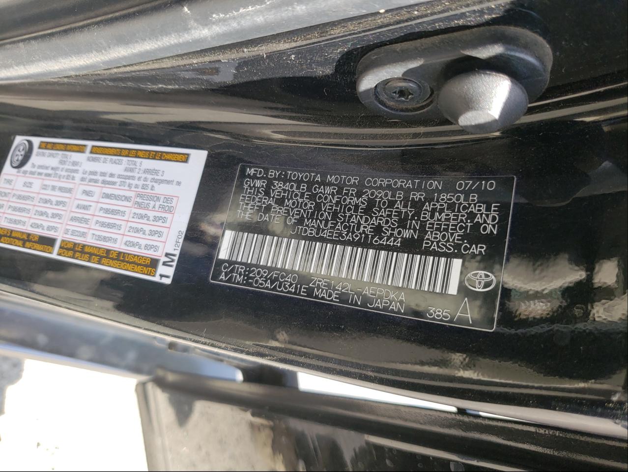 Photo 20 from auction – 2010 TOYOTA COROLLA BA with VIN JTDBU4EE3A9116444