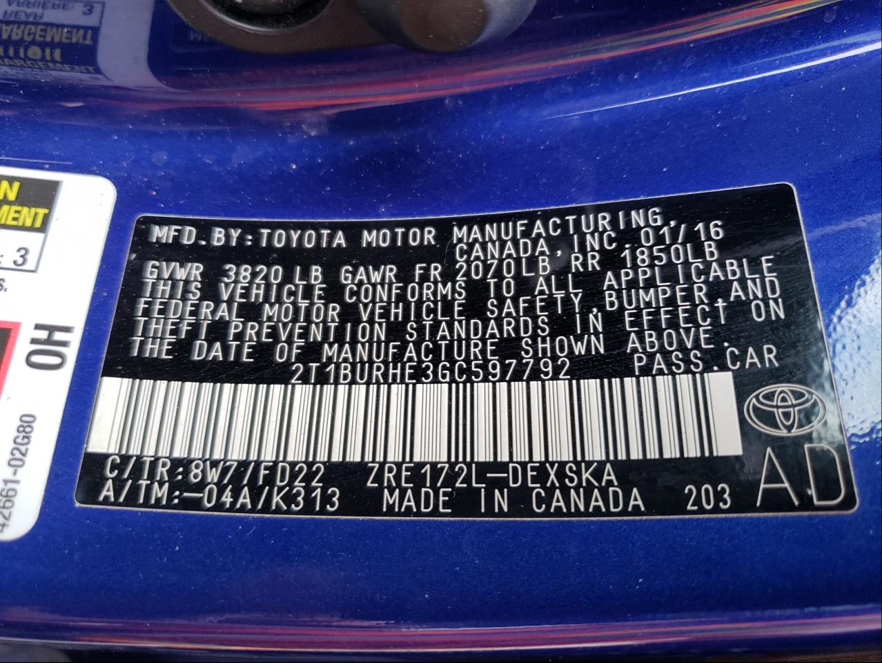 Photo 10 from auction – 2016 TOYOTA COROLLA L with VIN 2T1BURHE3GC597792