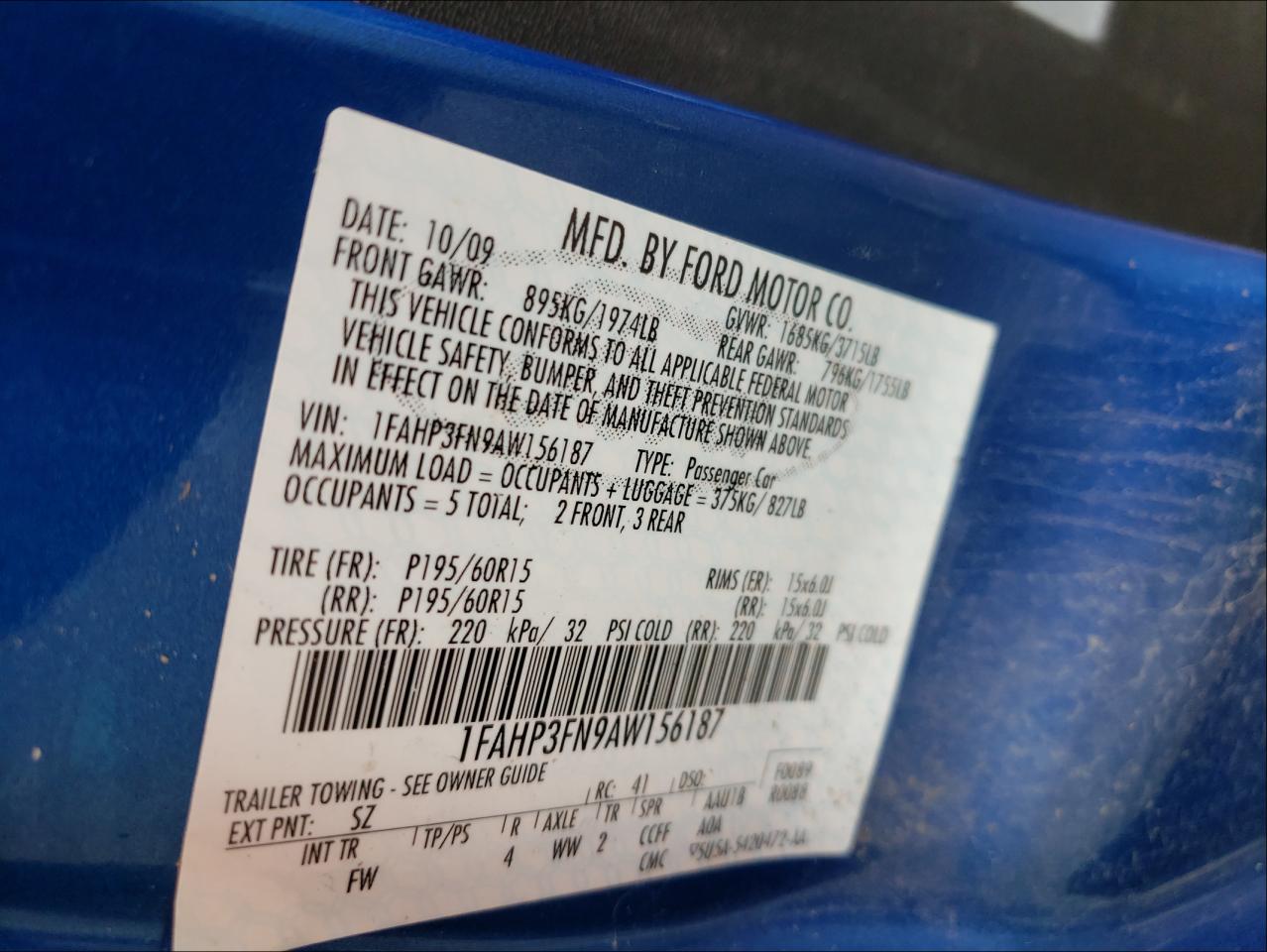 Photo 10 from auction – 2010 FORD FOCUS SE with VIN 1FAHP3FN9AW156187