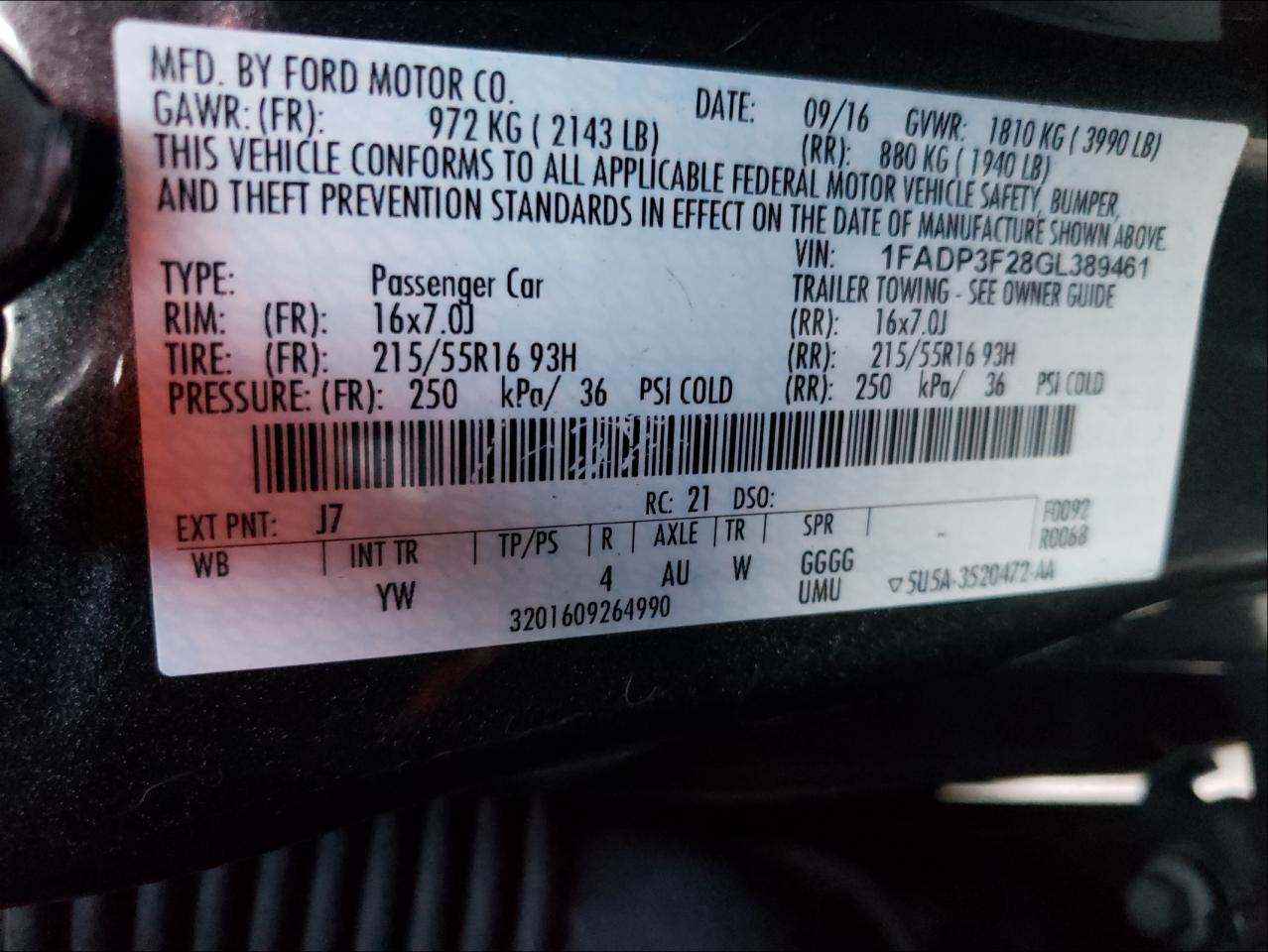 Photo 10 from auction – 2016 FORD FOCUS SE with VIN 1FADP3F28GL389461