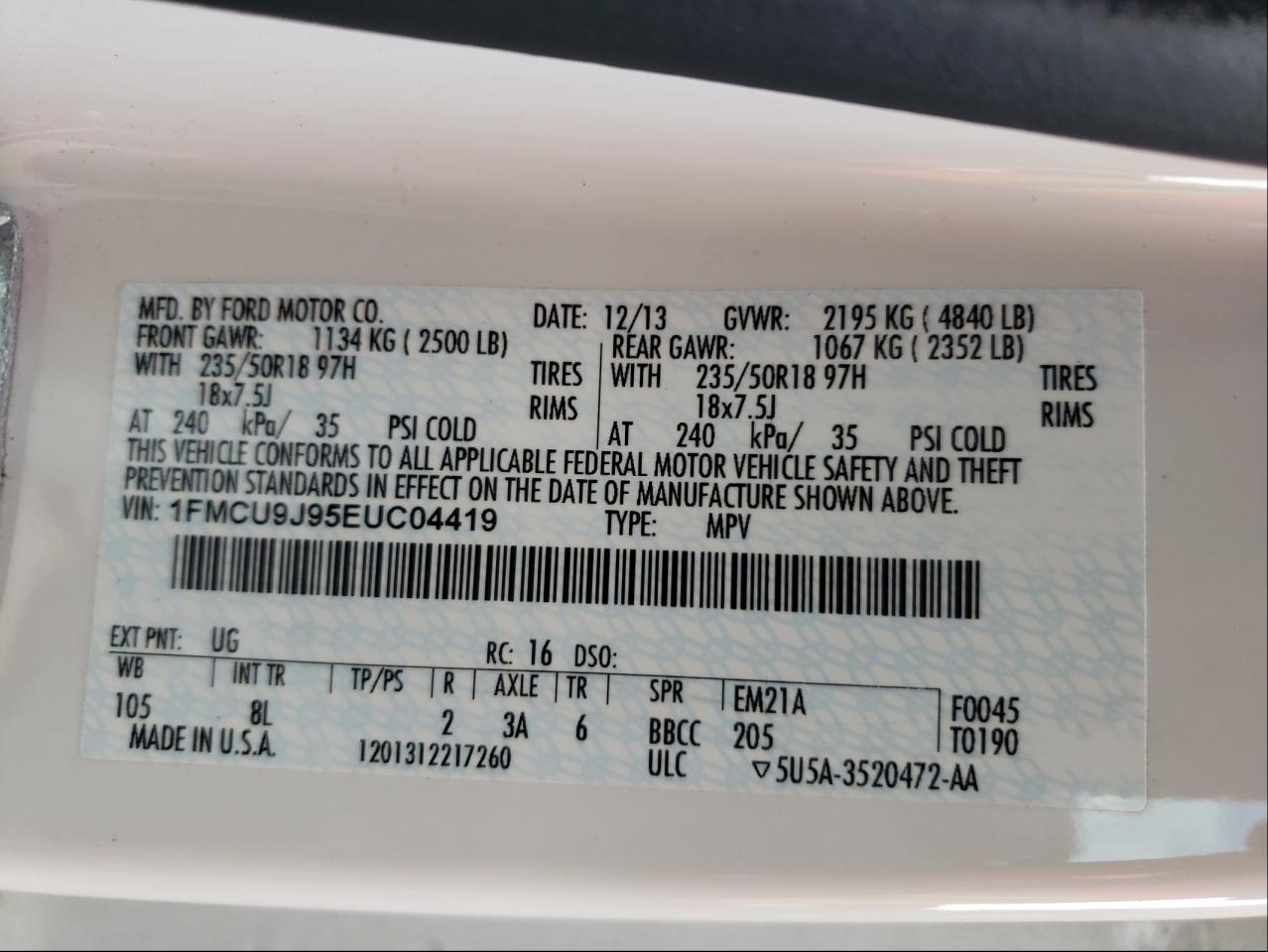 Photo 10 from auction – 2014 FORD ESCAPE TIT with VIN 1FMCU9J95EUC04419