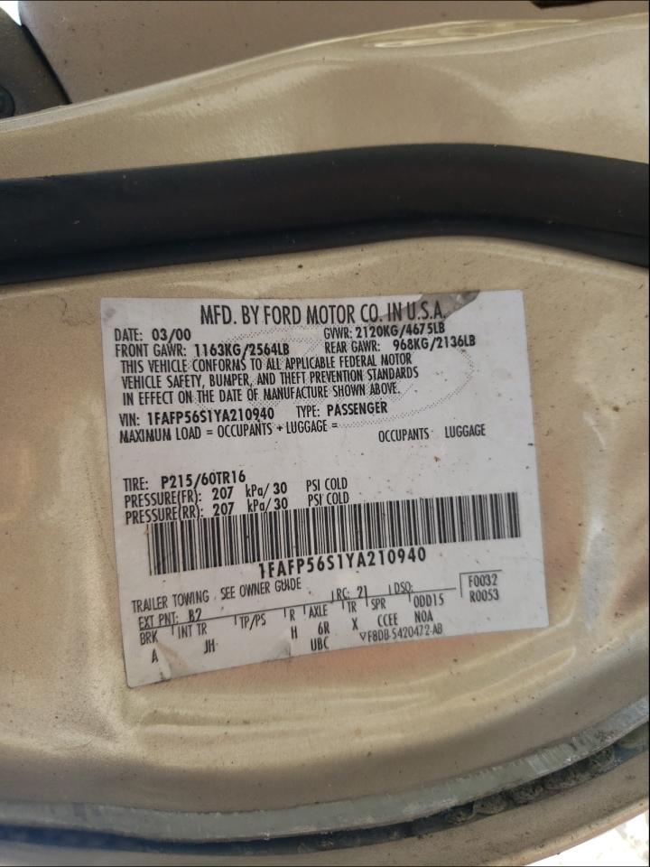 Photo 10 from auction – 2000 FORD TAURUS SEL with VIN 1FAFP56S1YA210940