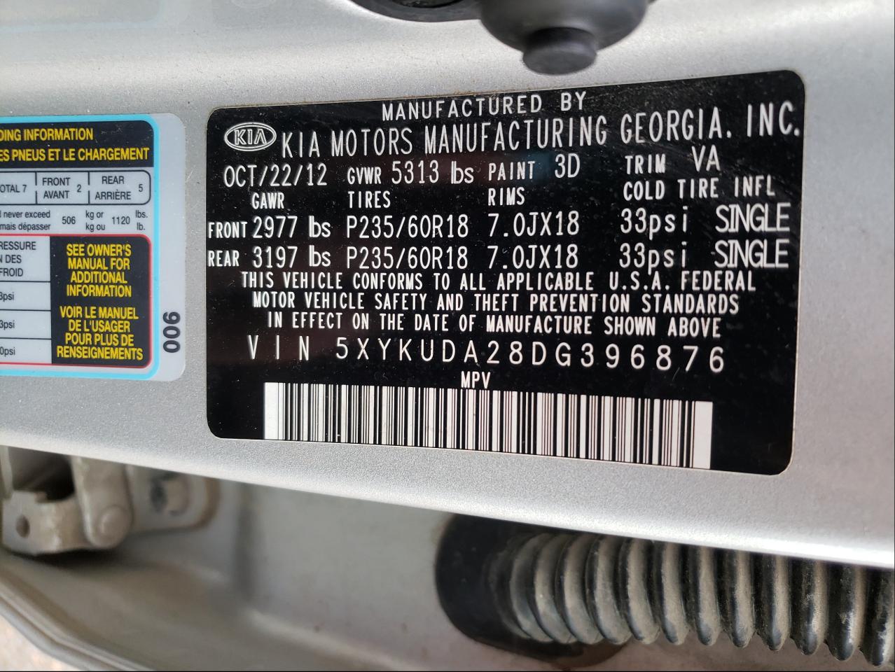 Photo 10 from auction – 2013 KIA SORENTO EX with VIN 5XYKUDA28DG396876
