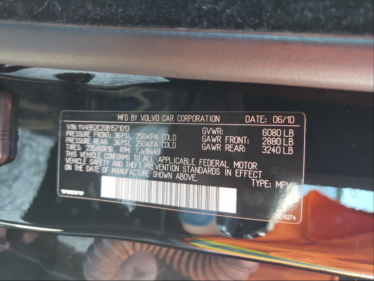 Photo 10 from auction – 2011 VOLVO XC90 3.2 with VIN YV4952CZ0B1571013
