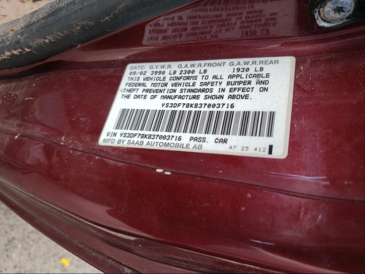 Photo 10 from auction – 2003 SAAB 9-3 SE with VIN YS3DF78K837003716