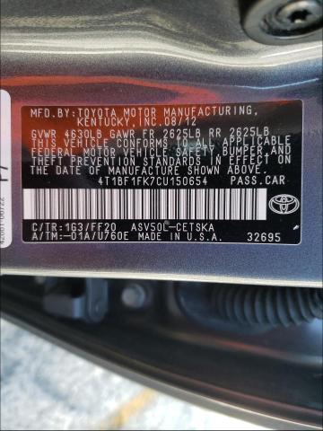 Photo 10 from auction – 2012 TOYOTA CAMRY BASE with VIN 4T1BF1FK7CU150654