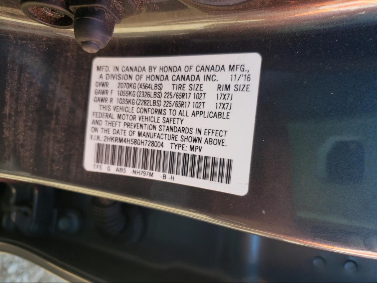 Photo 10 from auction – 2016 HONDA CR-V EX with VIN 2HKRM4H58GH728004