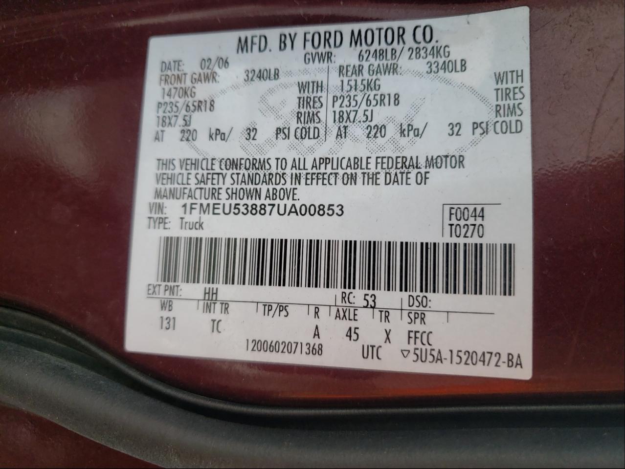 Photo 10 from auction – 2007 FORD EXPLORER S with VIN 1FMEU53887UA00853