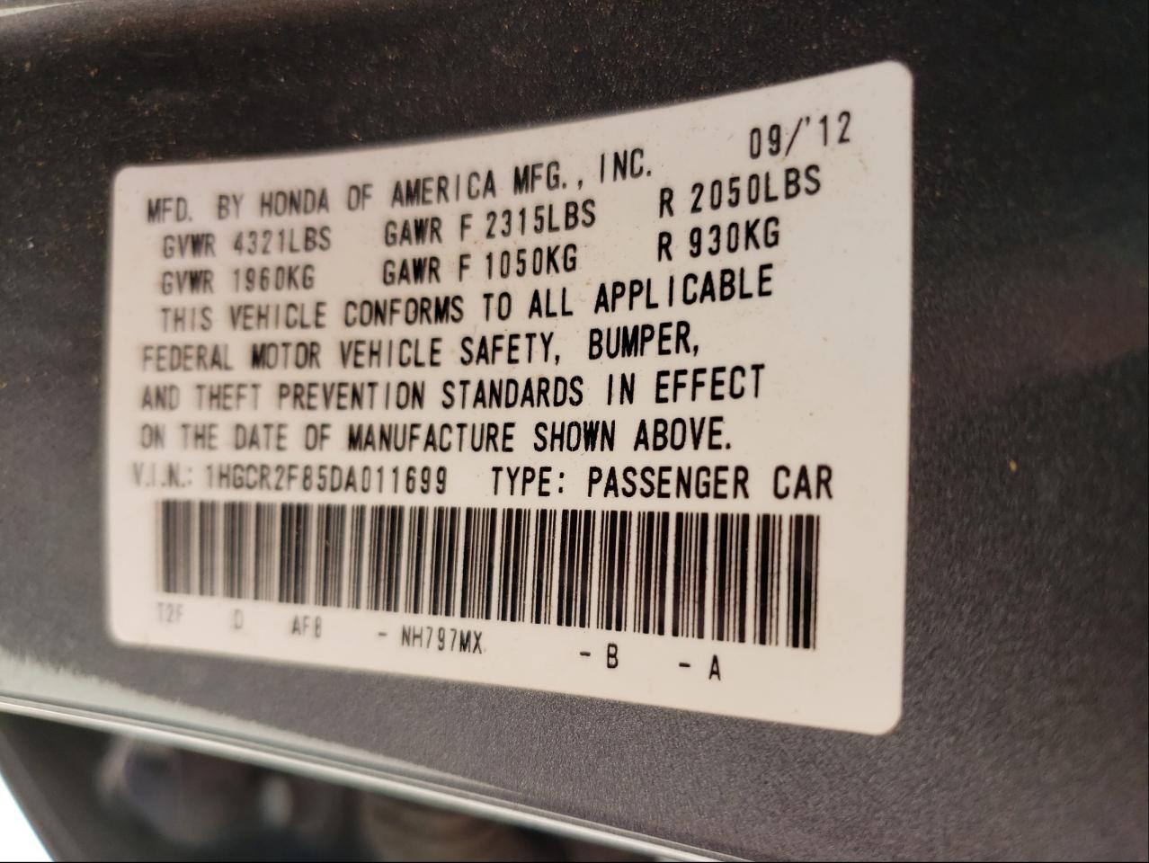 Photo 10 from auction – 2013 HONDA ACCORD EXL with VIN 1HGCR2F85DA011699