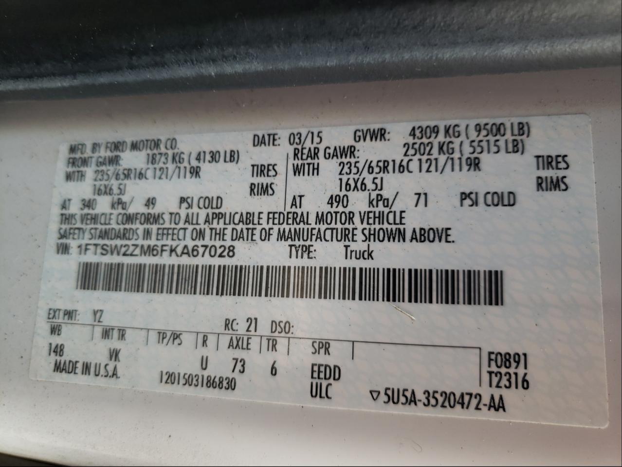 Photo 10 from auction – 2015 FORD TRANSIT T- with VIN 1FTSW2ZM6FKA67028