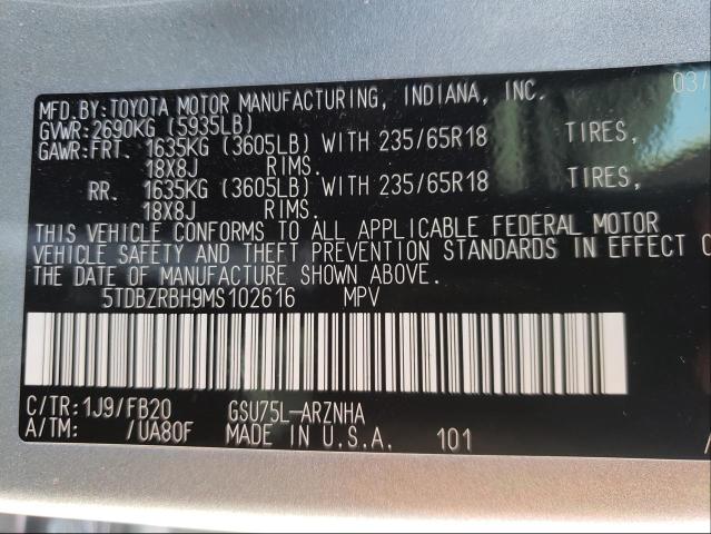 Photo 10 from auction – 2021 TOYOTA HIGHLANDER with VIN 5TDBZRBH9MS102616