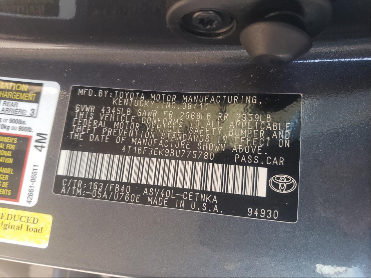 Photo 10 from auction – 2011 TOYOTA CAMRY BASE with VIN 4T1BF3EK9BU775780