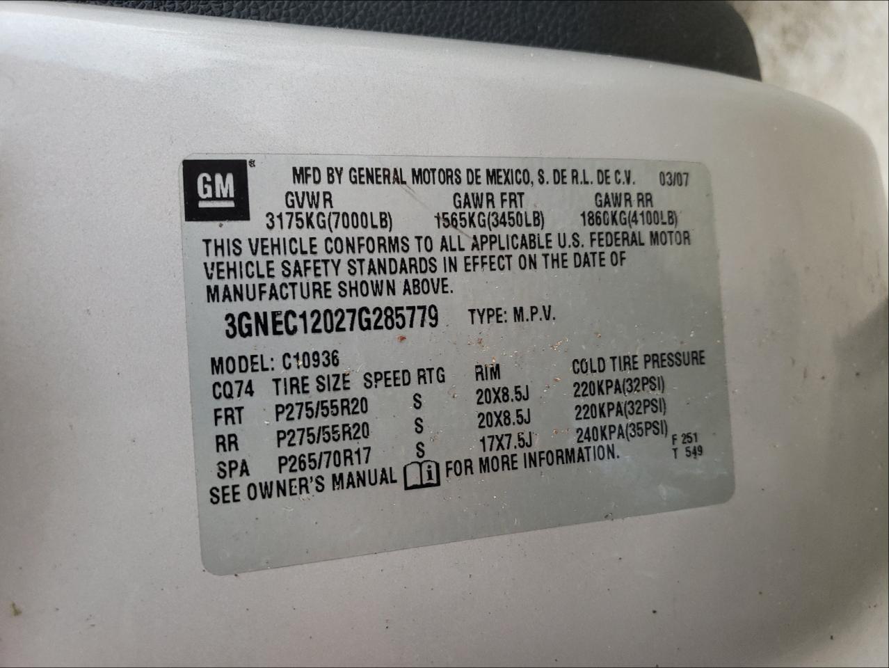 Photo 10 from auction – 2007 CHEVROLET AVALANCHE with VIN 3GNEC12027G285779