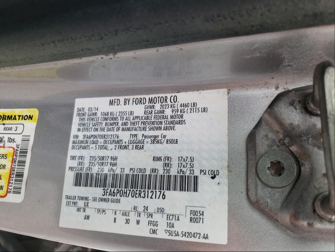 Photo 10 from auction – 2014 FORD FUSION SE with VIN 3FA6P0H70ER312176