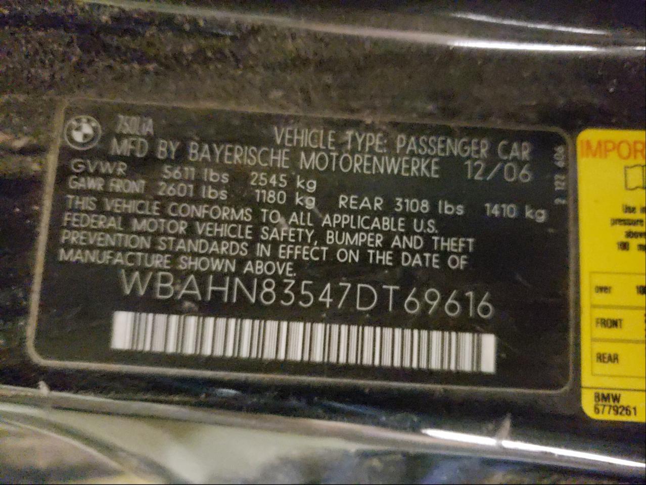Photo 10 from auction – 2007 BMW 750 with VIN WBAHN83547DT69616