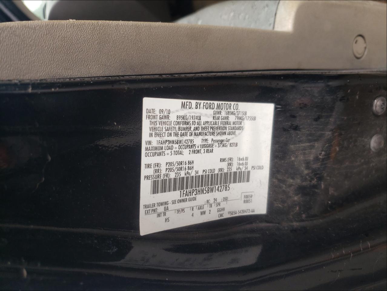 Photo 10 from auction – 2011 FORD FOCUS SEL with VIN 1FAHP3HN5BW142785