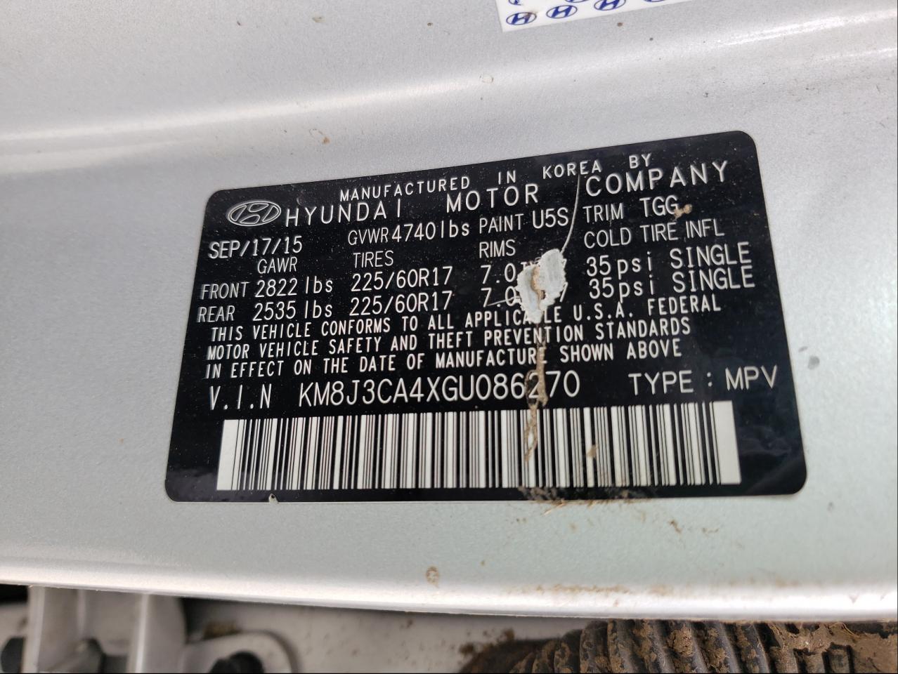 Photo 10 from auction – 2016 HYUNDAI TUCSON LIM with VIN KM8J3CA4XGU086270
