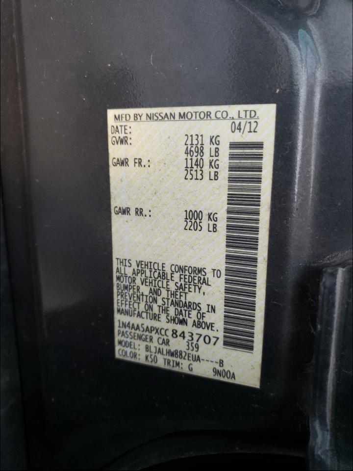 Photo 10 from auction – 2012 NISSAN MAXIMA S with VIN 1N4AA5APXCC843707