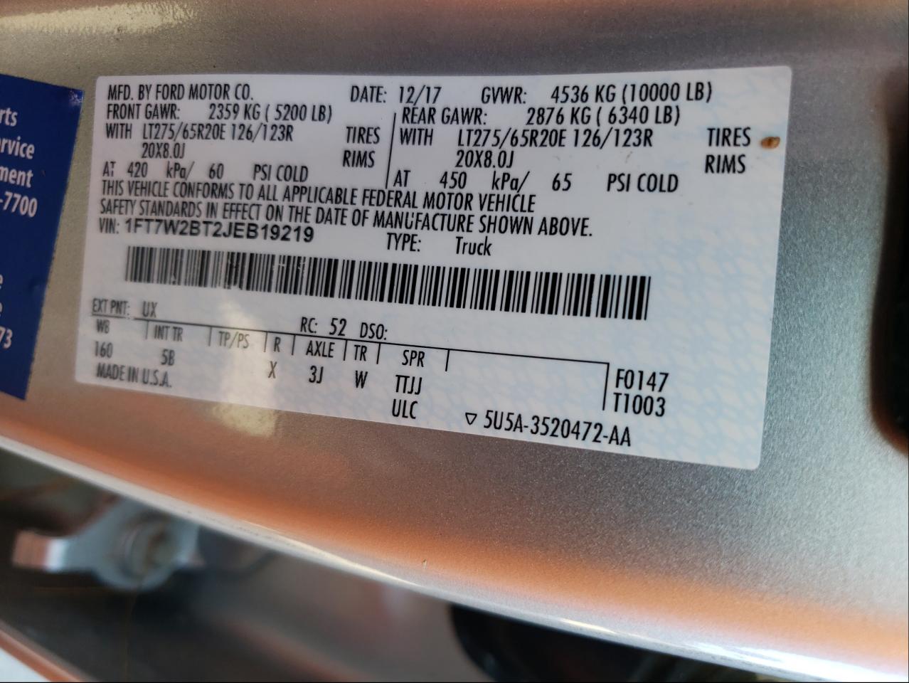 Photo 10 from auction – 2018 FORD F250 SUPER with VIN 1FT7W2BT2JEB19219