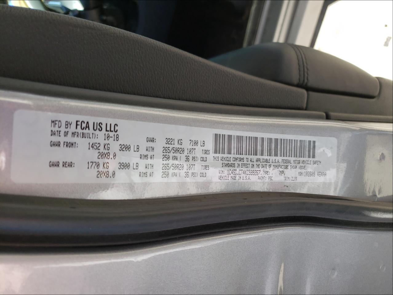 Photo 10 from auction – 2019 DODGE DURANGO R/ with VIN 1C4SDJCT4KC599267