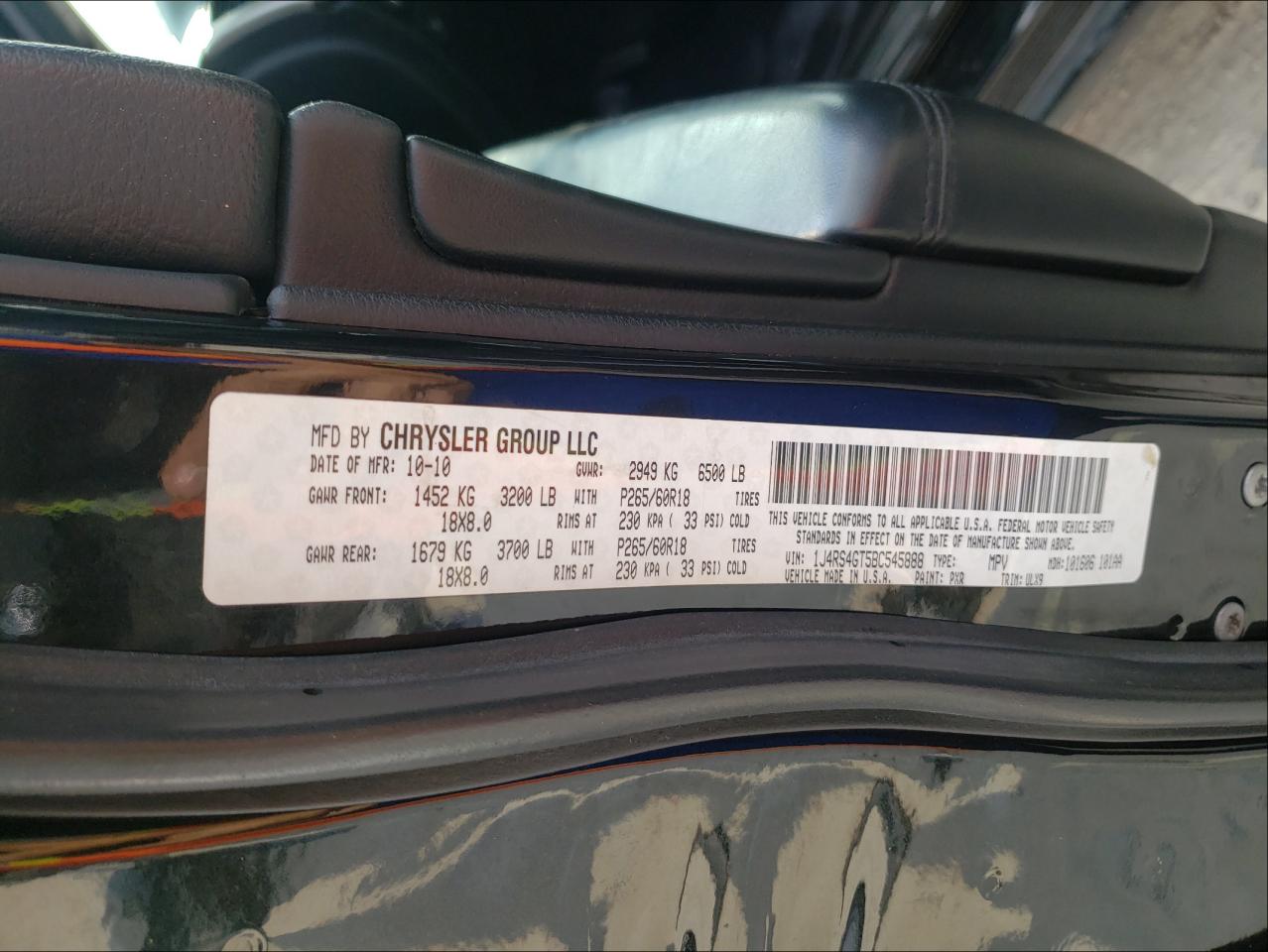 Photo 10 from auction – 2011 JEEP GRAND CHER with VIN 1J4RS4GT5BC545888