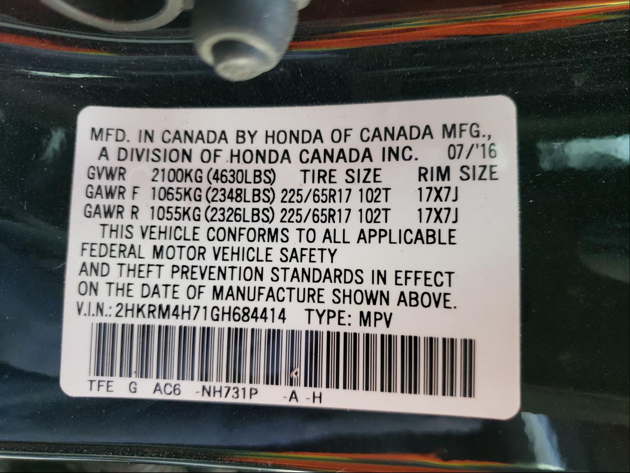 Photo 10 from auction – 2016 HONDA CR-V EXL with VIN 2HKRM4H71GH684414