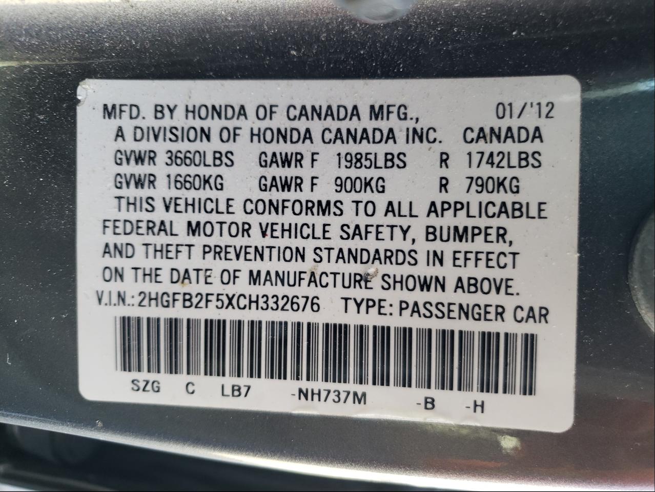 Photo 10 from auction – 2012 HONDA CIVIC LX with VIN 2HGFB2F5XCH332676