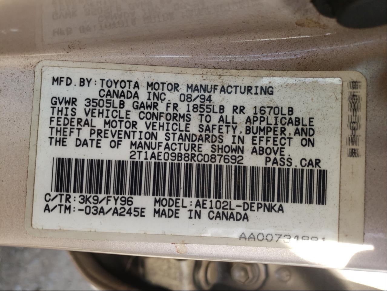 Photo 10 from auction – 1994 TOYOTA COROLLA LE with VIN 2T1AE09B8RC087692